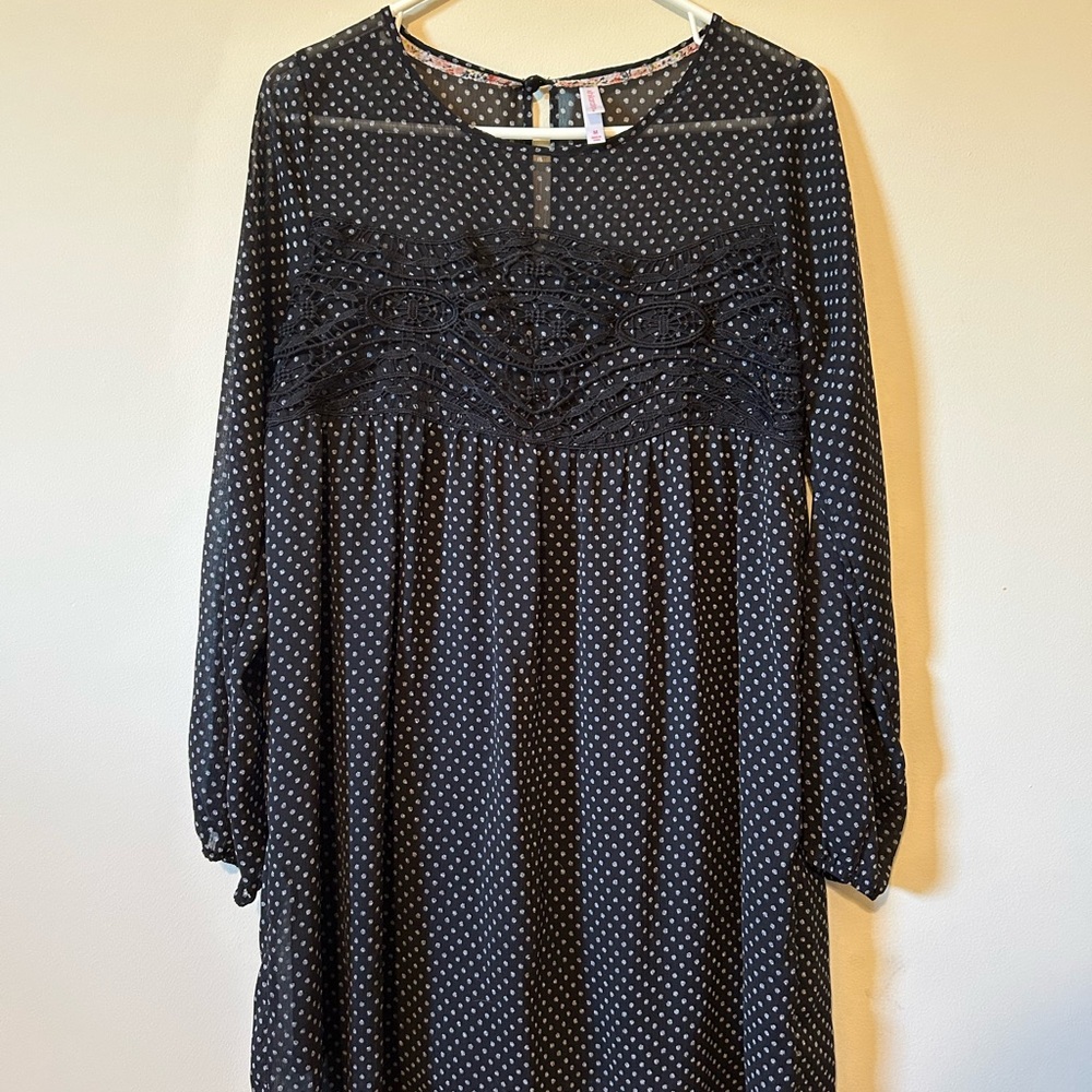 Xhilaration Black and White Polka Dot Long Sleeve Dress with Lace Detail